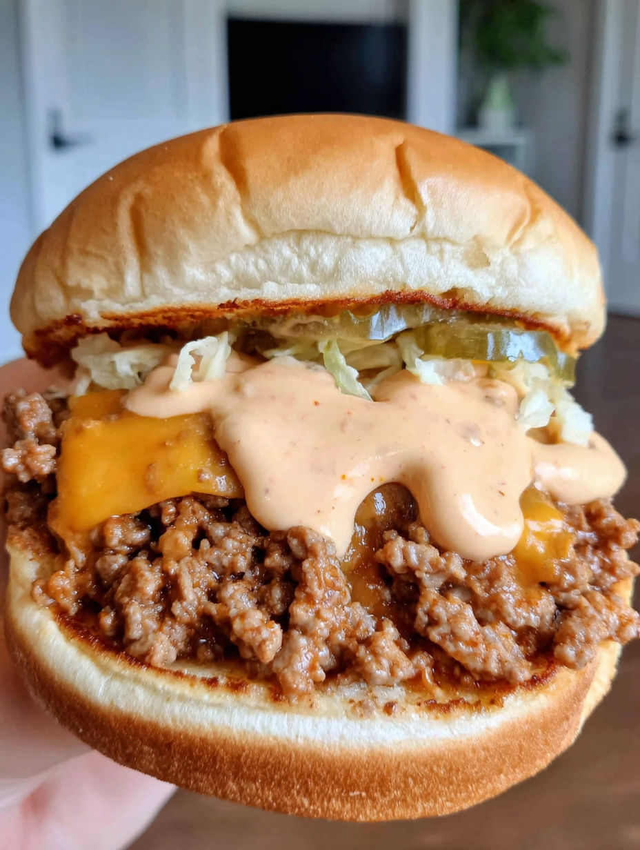 A sloppy joe sandwich with a special sauce.