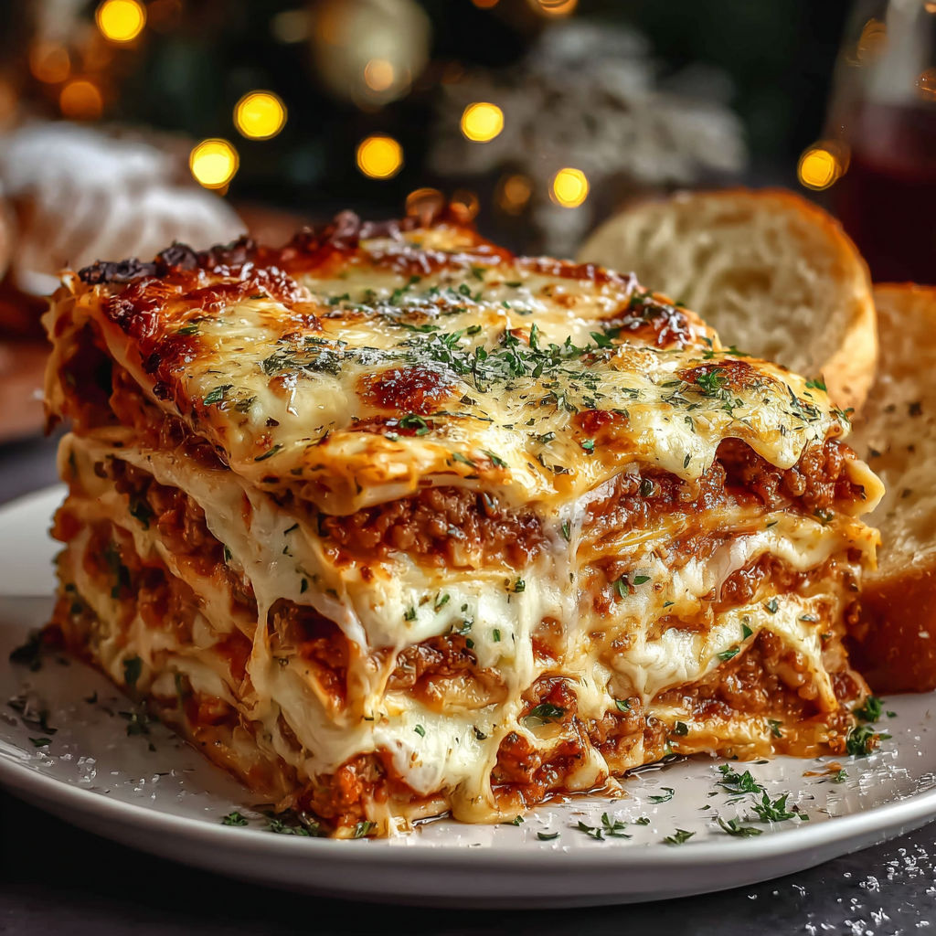 A delicious lasagna is served on a white plate.