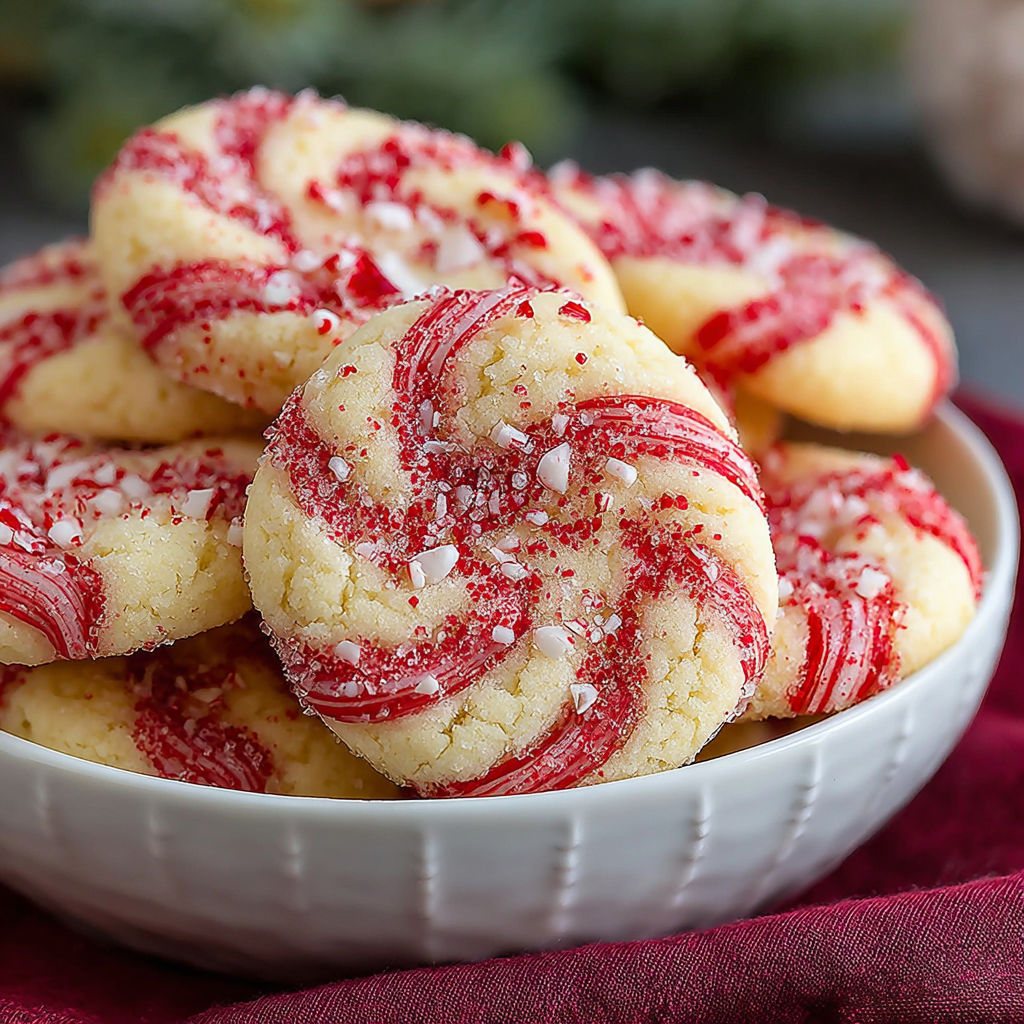 A bowl of candy cane cookies.