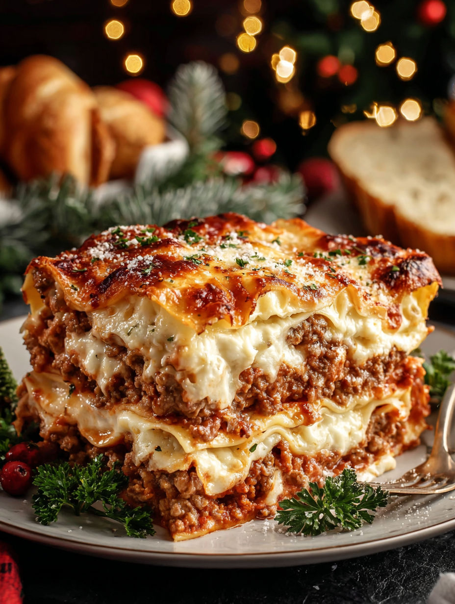 A large lasagna dish with white cheese and red sauce.