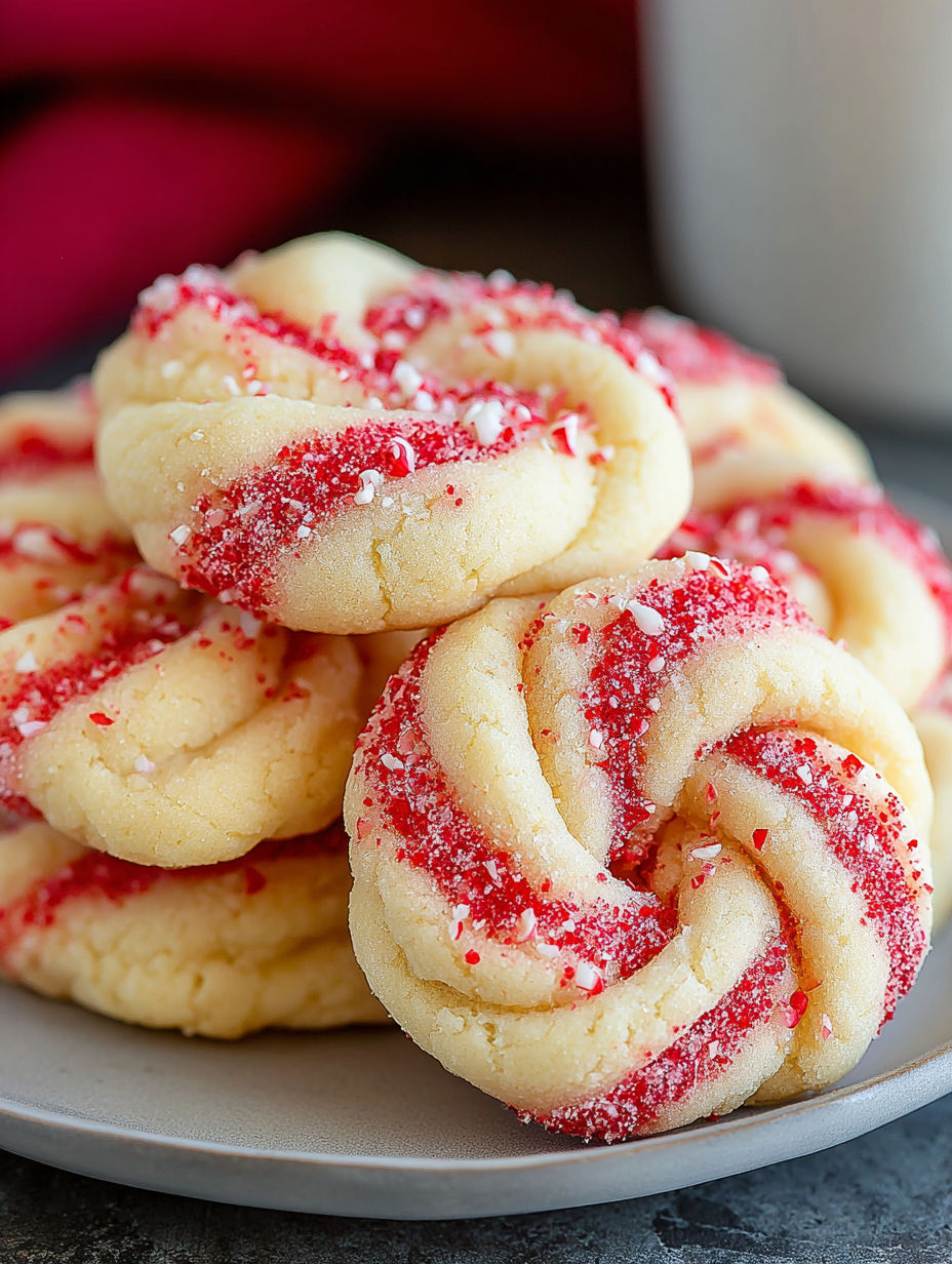 A plate of candy cane cookies.