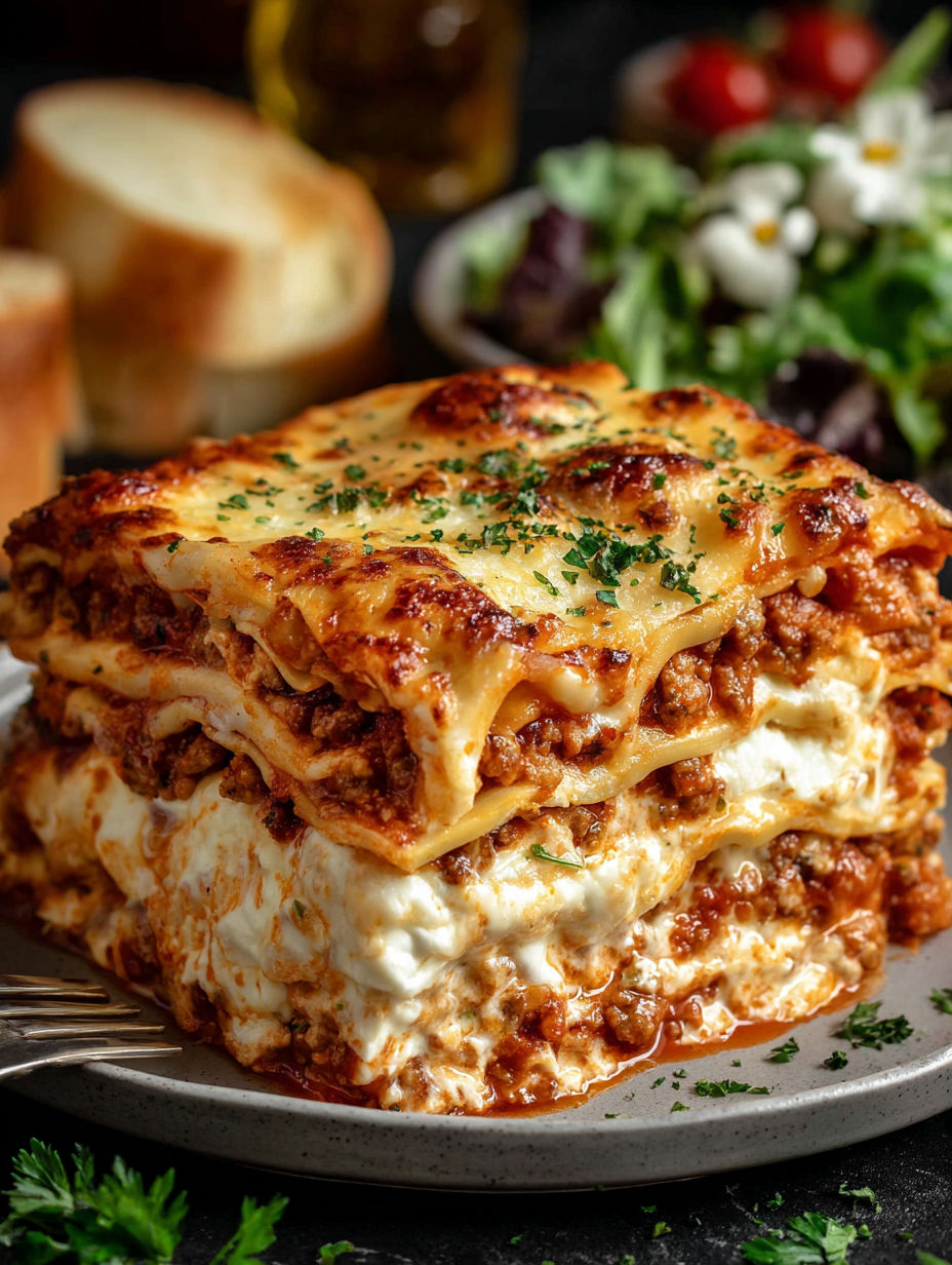 A stack of lasagna with cheese and herbs on top.