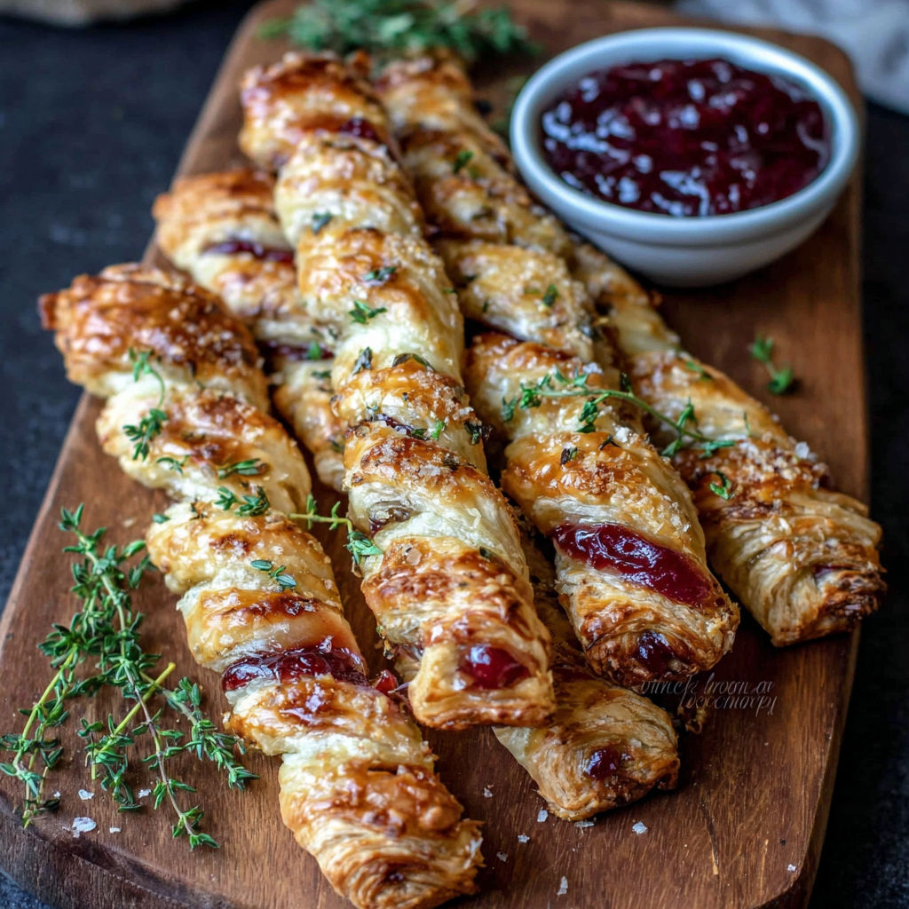 A wooden cutting board with a bowl of jelly and a tray of cranberry brie and thyme puff pastry twists.