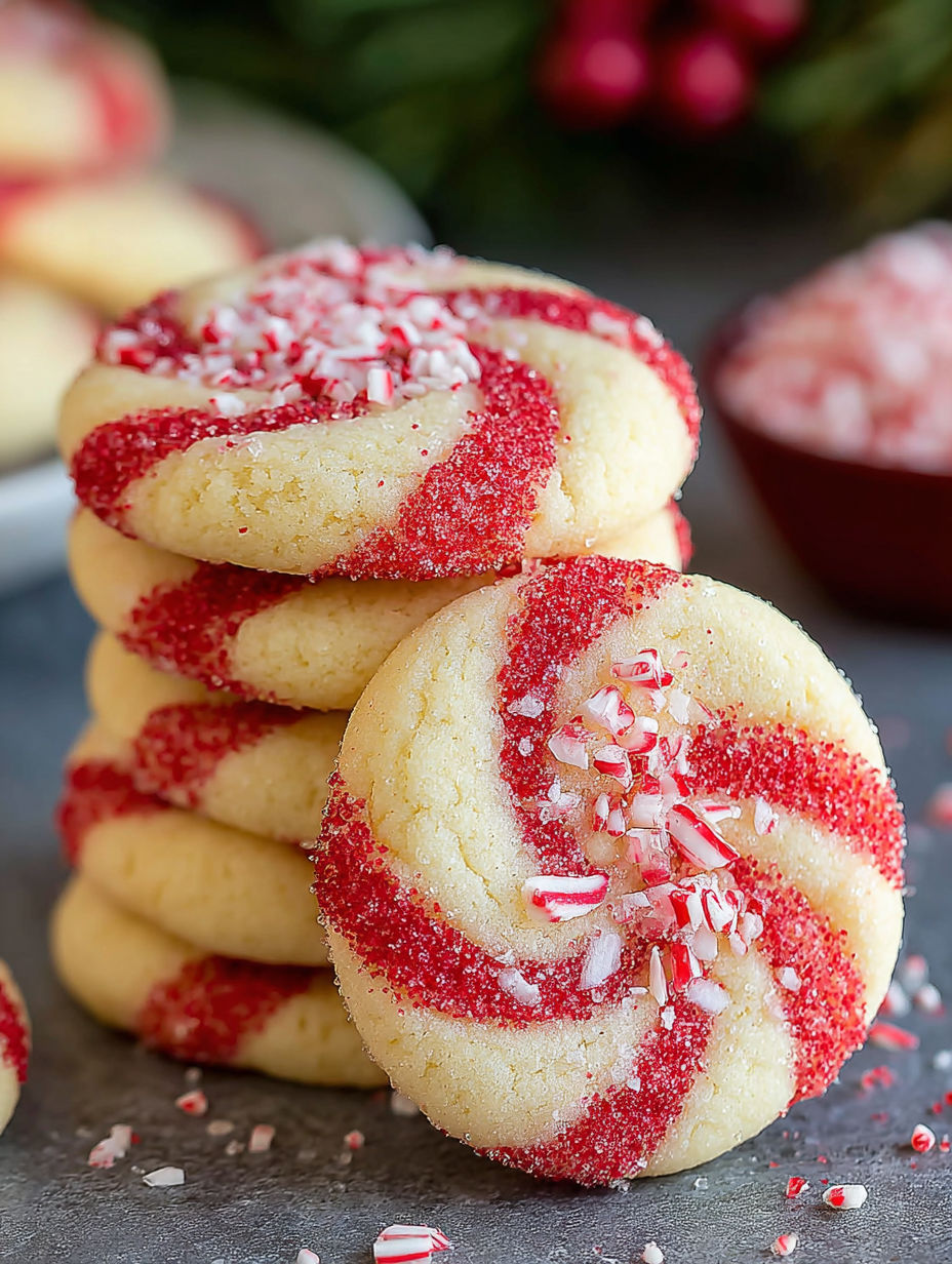 A stack of red and white striped cookies.