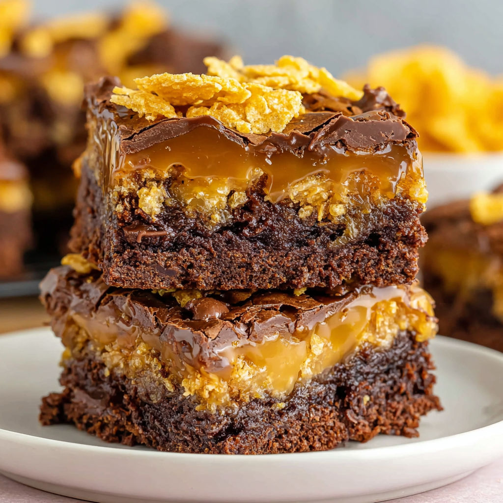 A plate of brownies with caramel and cornflakes on top.