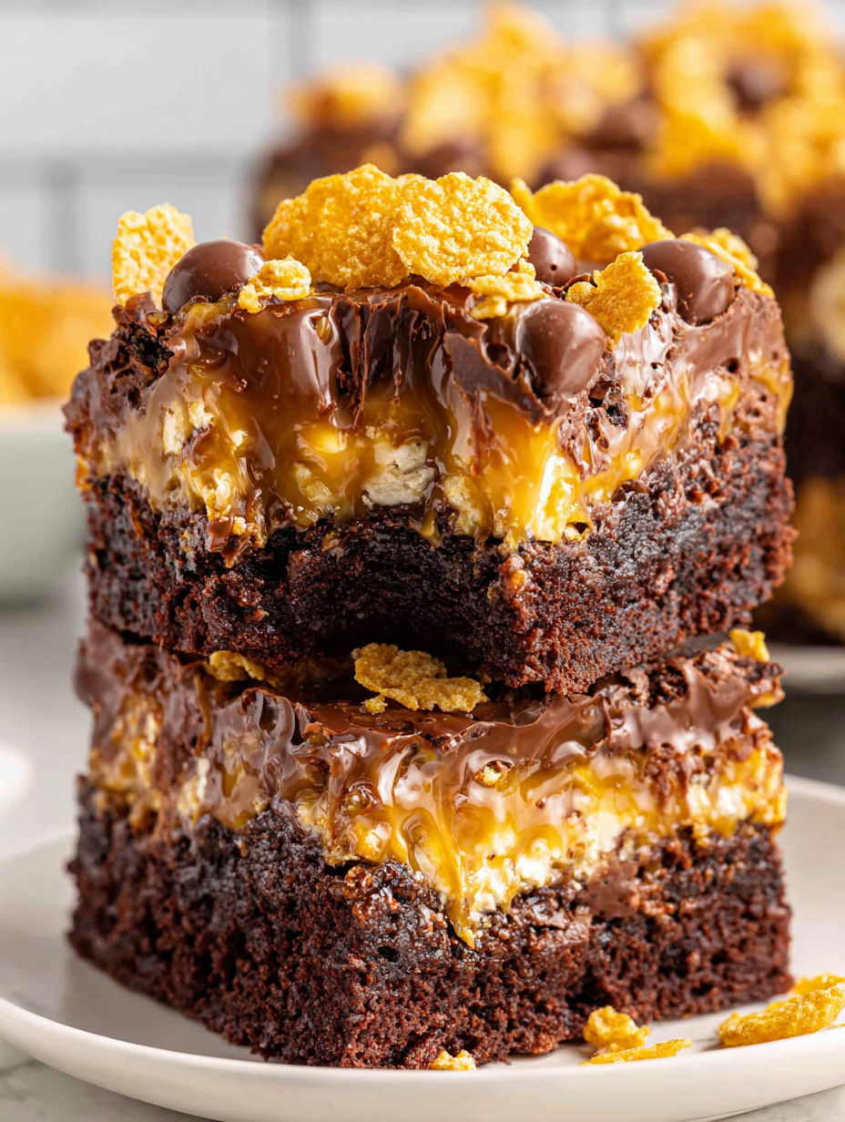 A chocolate cake with caramel drizzle and nuts.