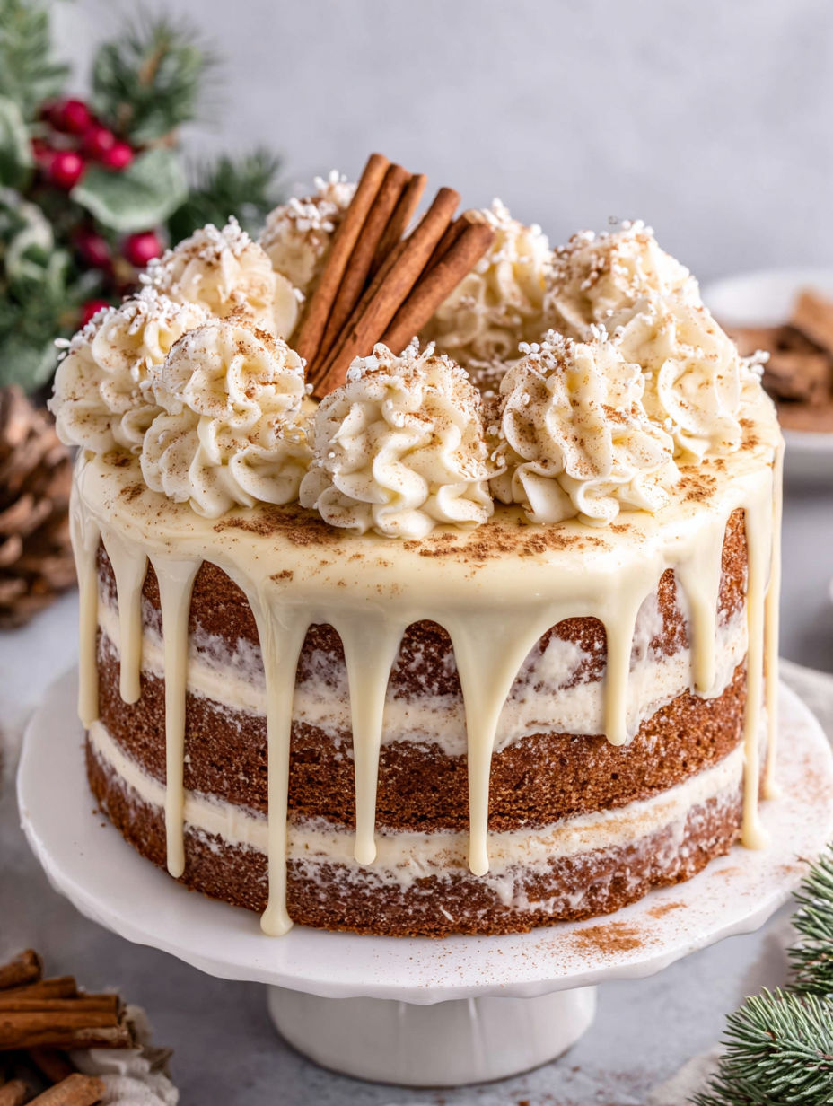 A cake with white frosting and cinnamon on top.
