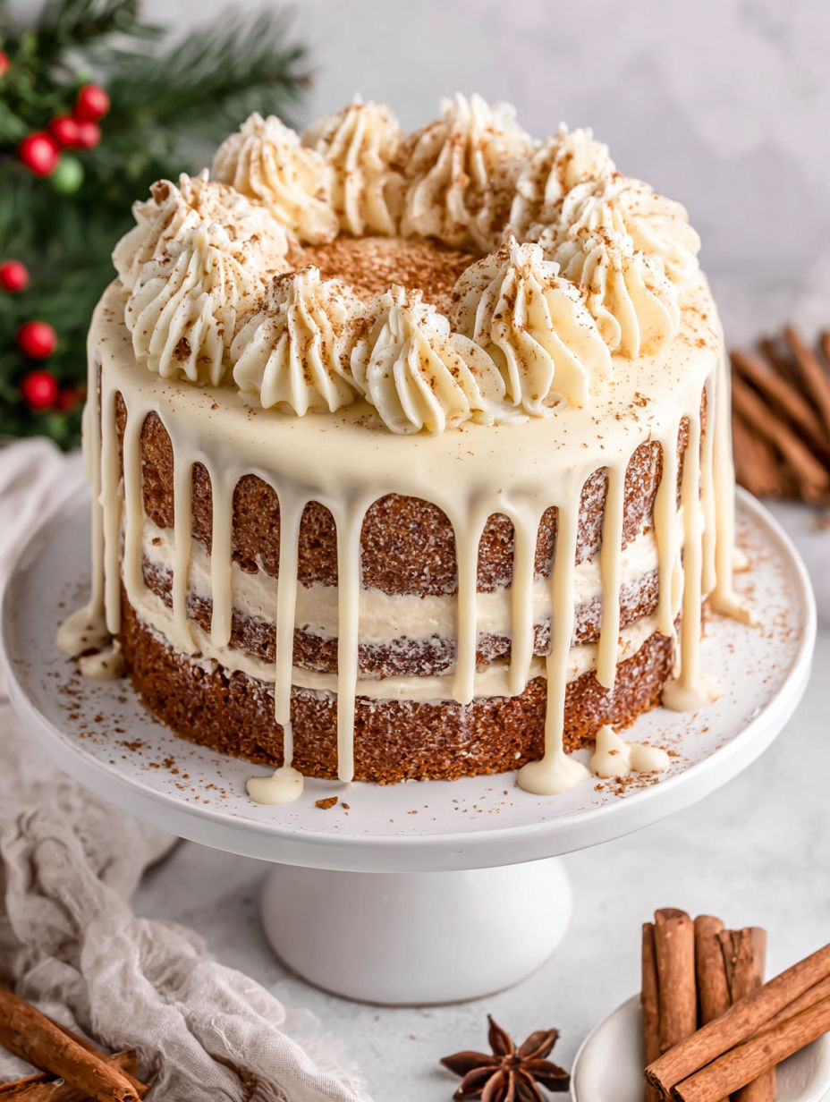 A cake with white frosting and cinnamon sprinkles.