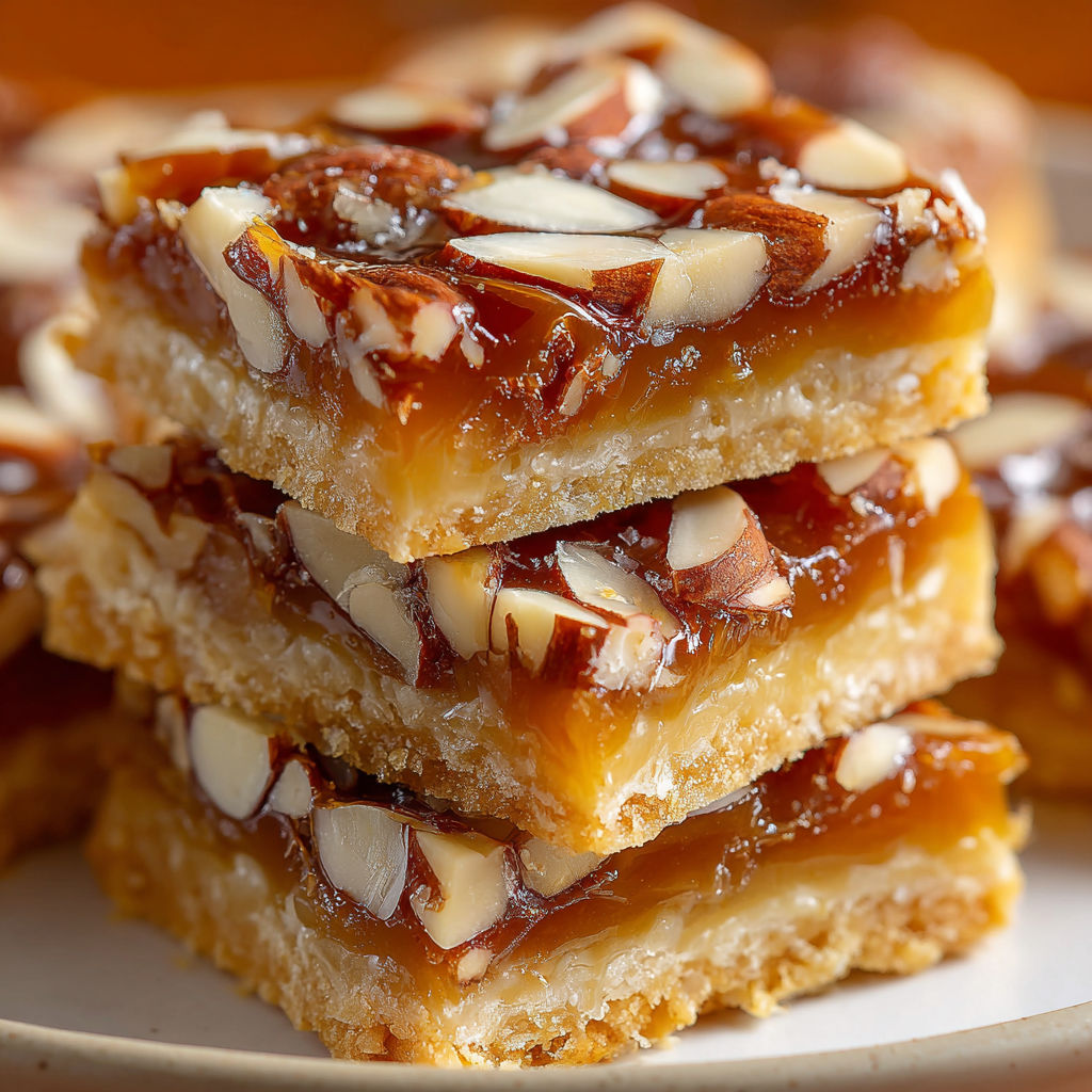A stack of Honey Caramel Almond Shortbread Bars.
