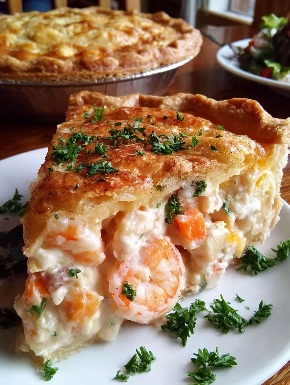A slice of shrimp pie on a plate.
