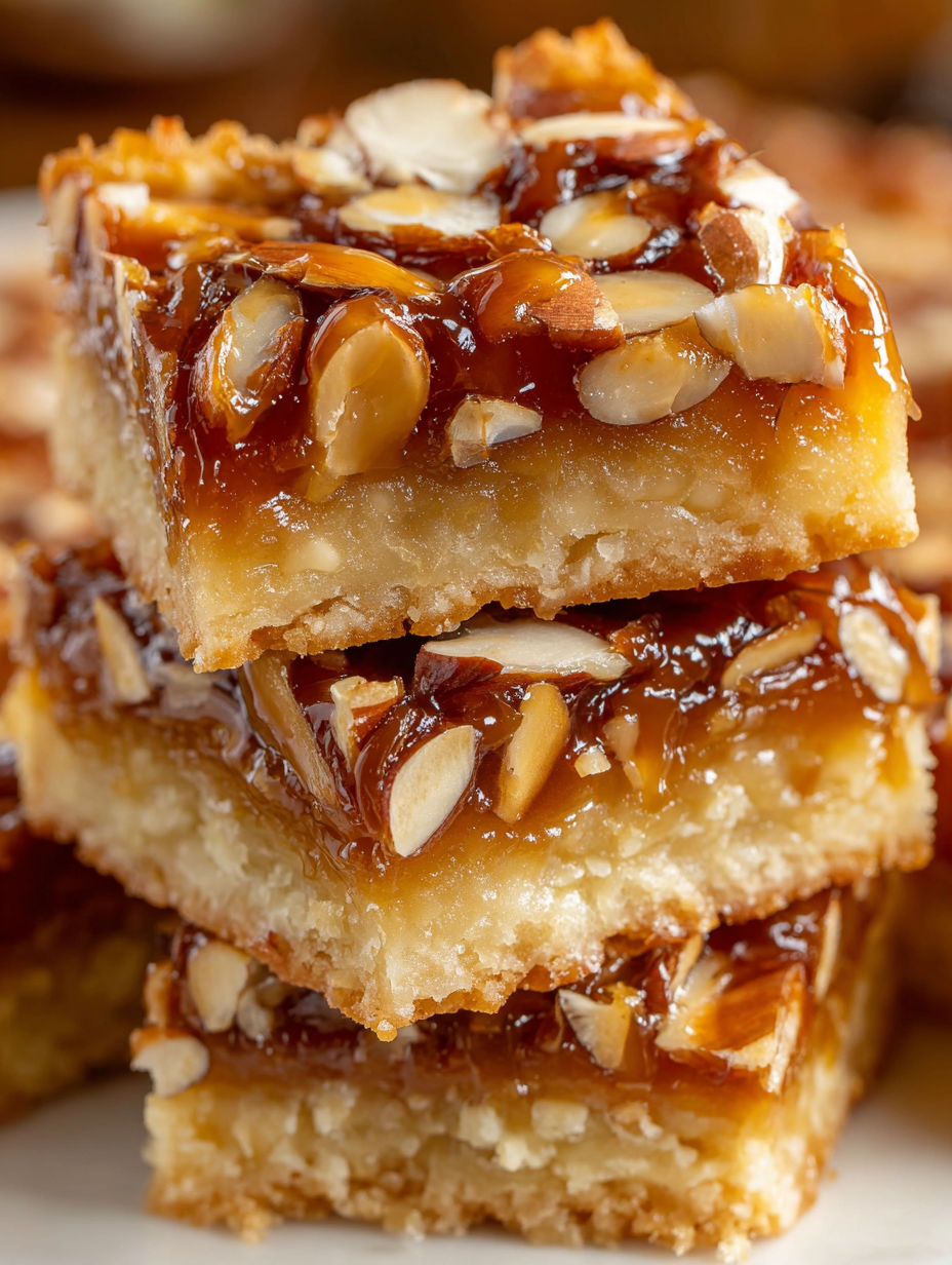 A stack of honey caramel almond shortbread bars.