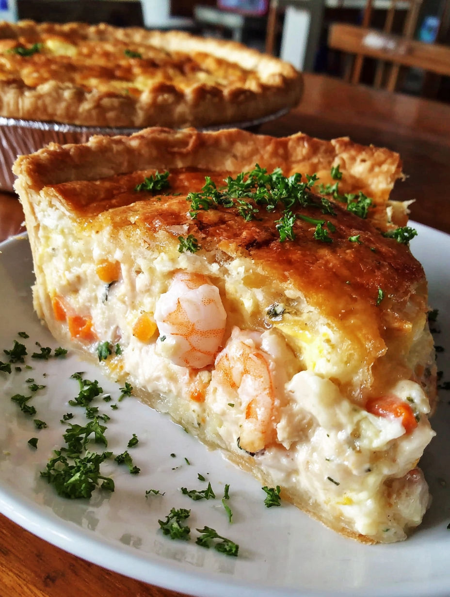 A slice of shrimp pie on a plate.
