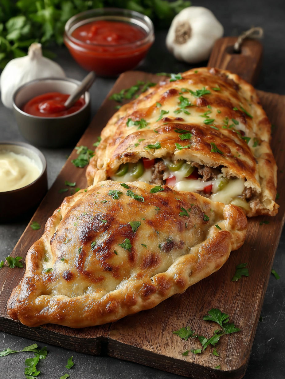 A pizza calzone with beef.