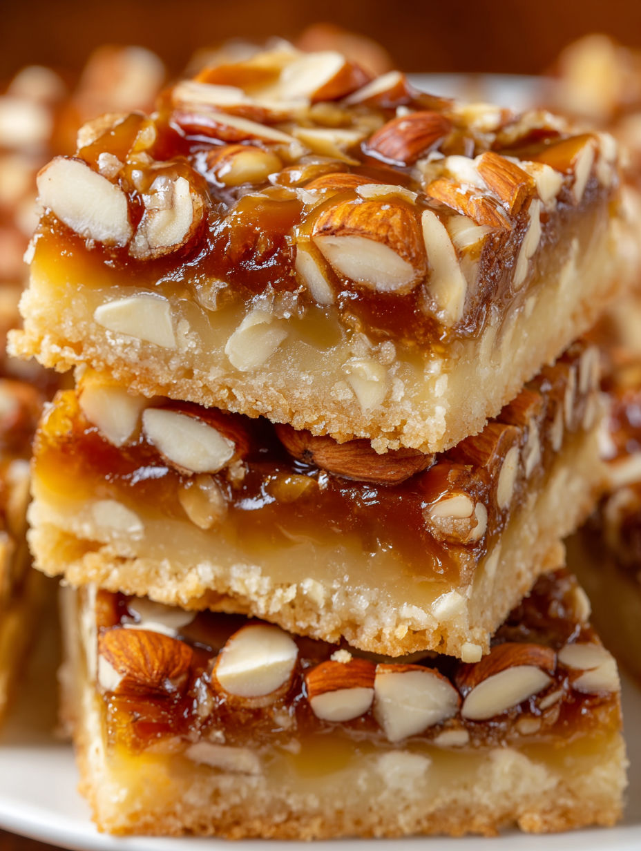 A stack of caramel almond shortbread bars.