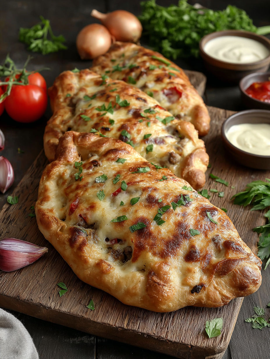 A pizza calzone with meat.