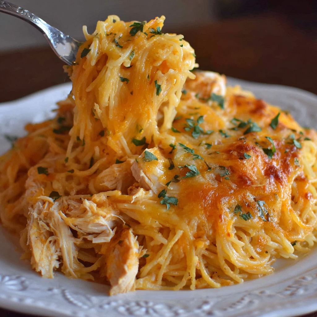 A plate of cheesy chicken spaghetti.