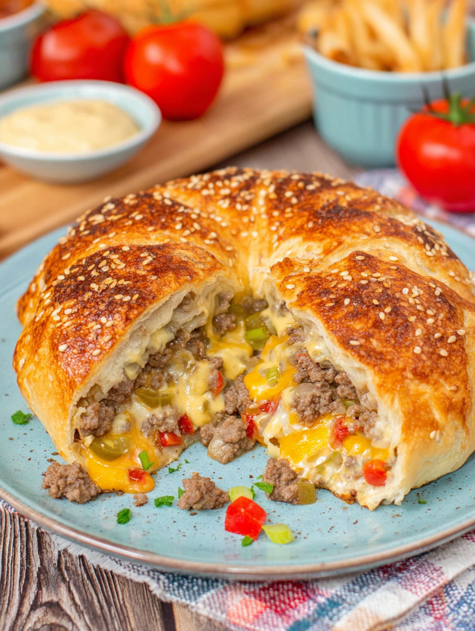 A pastry with meat and cheese inside.