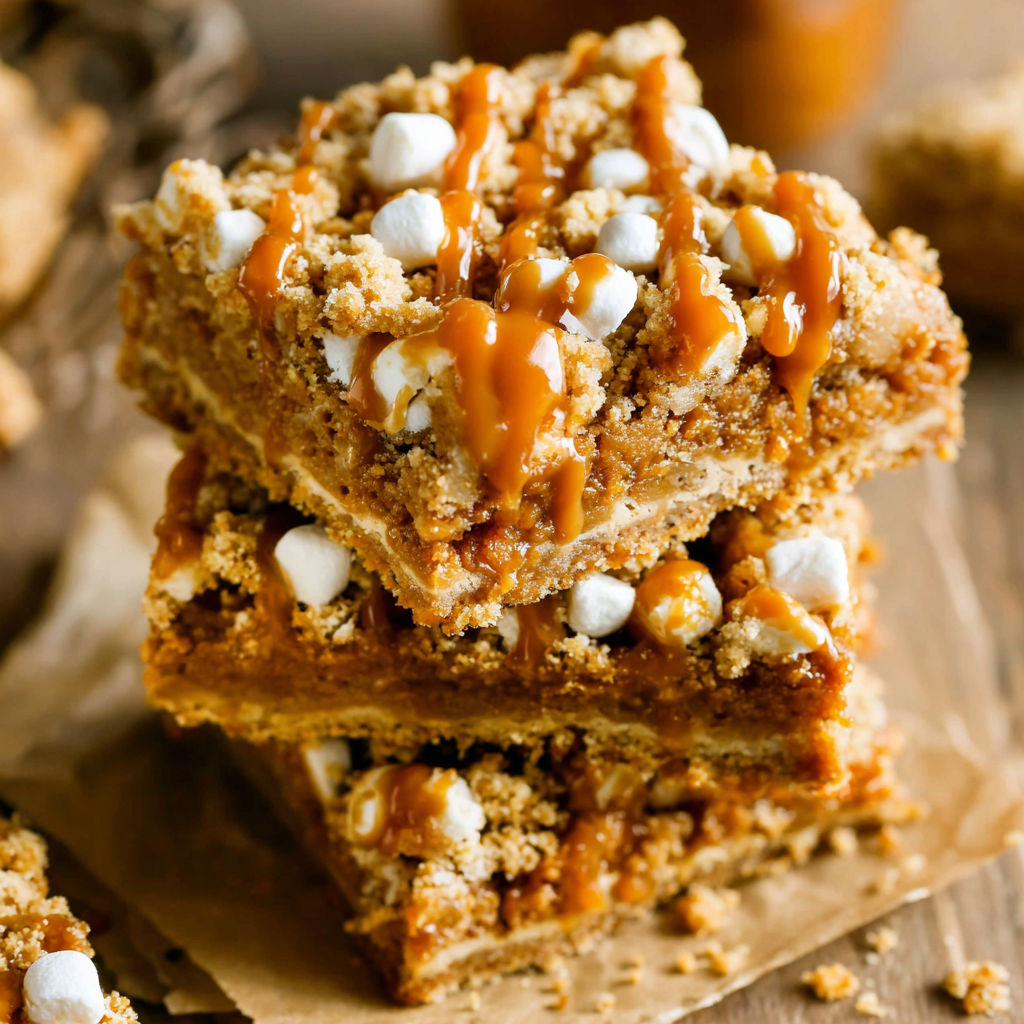 A stack of gooey biscoff crumb bars.