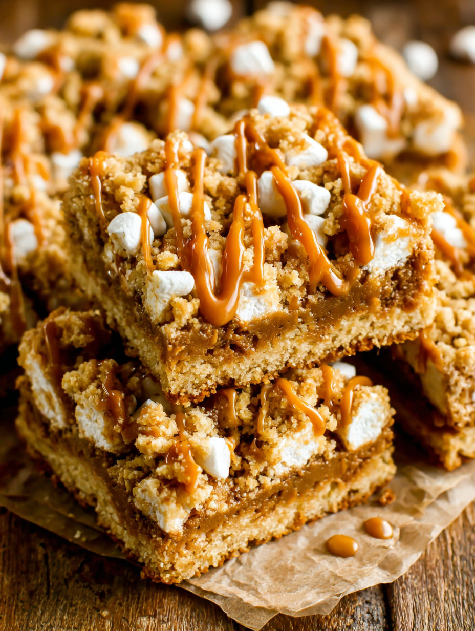A stack of Gooey Biscoff Crumb Bars.