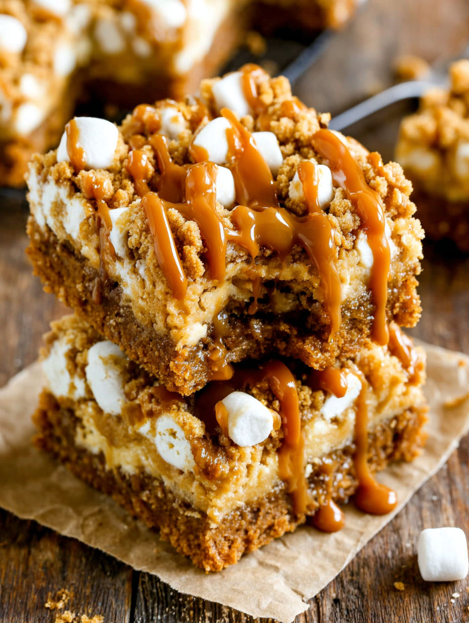 A stack of gooey biscoff crumb bars.