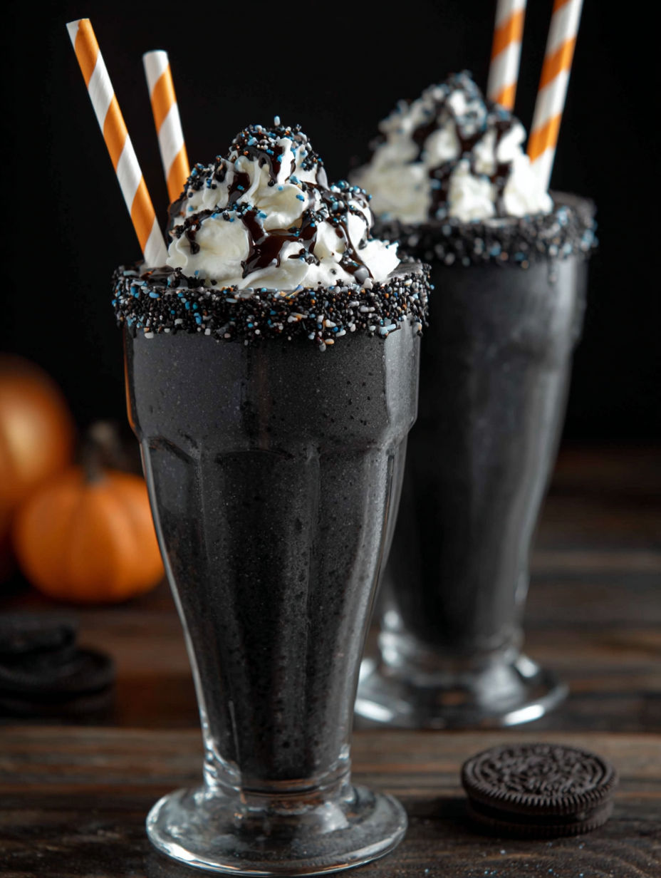 Two glasses of black frozen drinks with chocolate toppings.