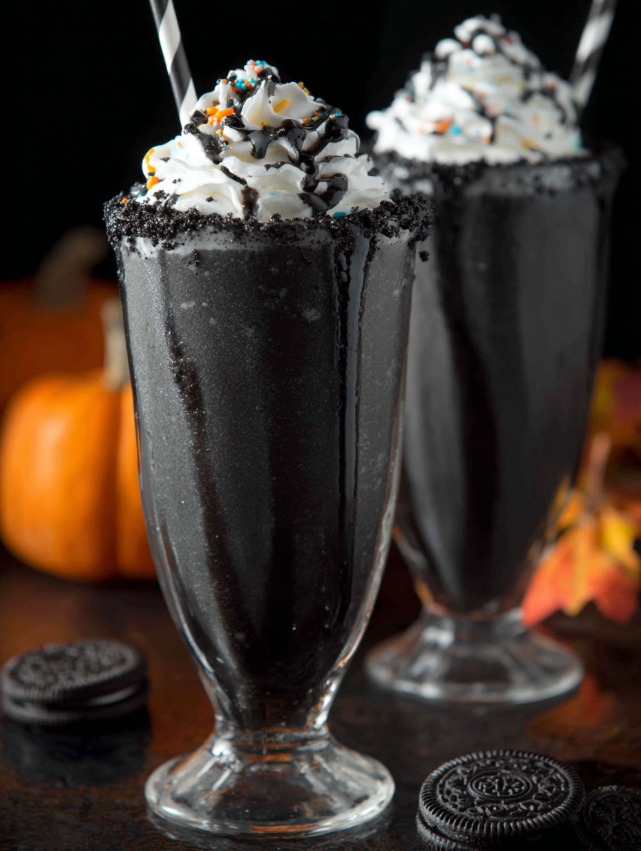 Two glasses of black ice cream with whipped cream and chocolate chips.