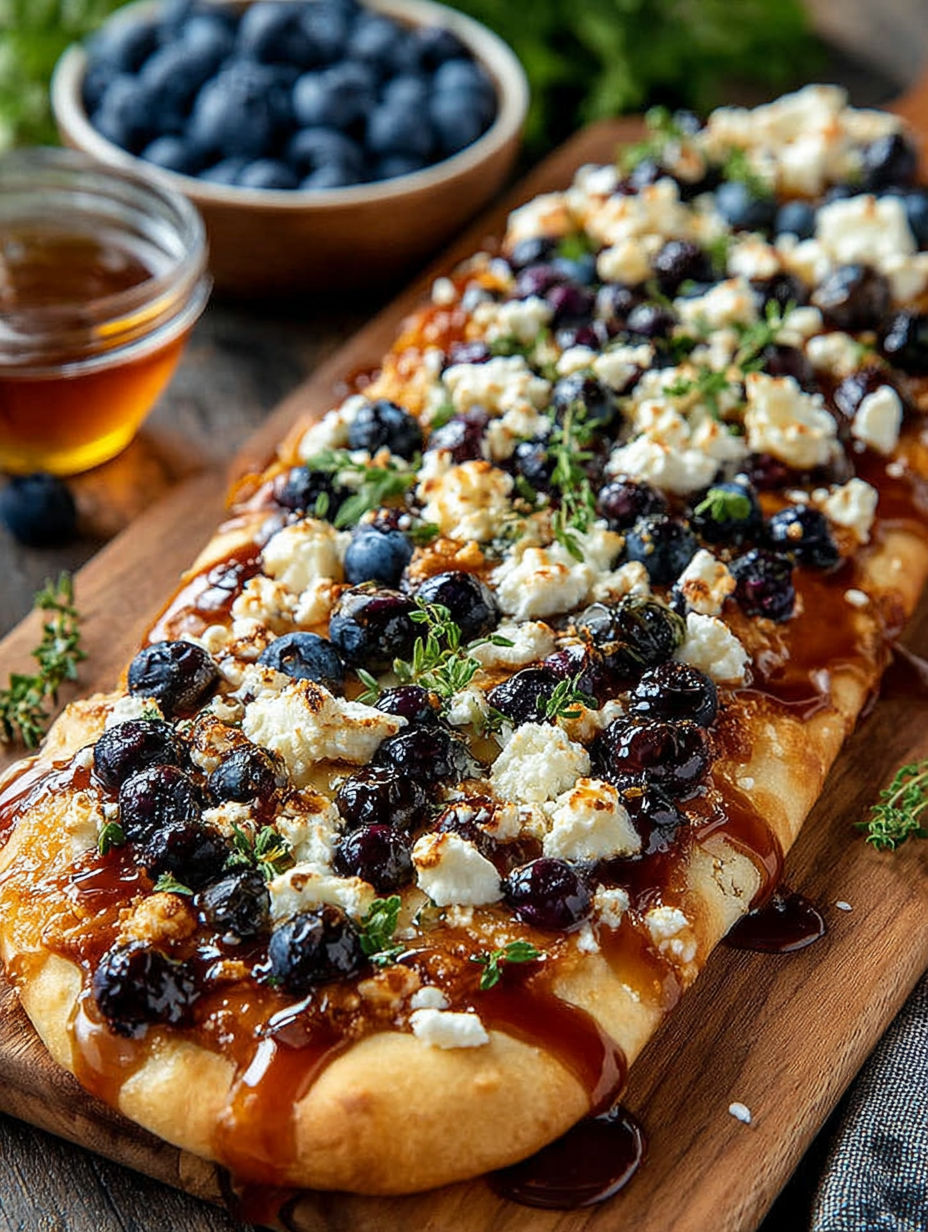 A flatbread with blueberries and feta cheese on top.