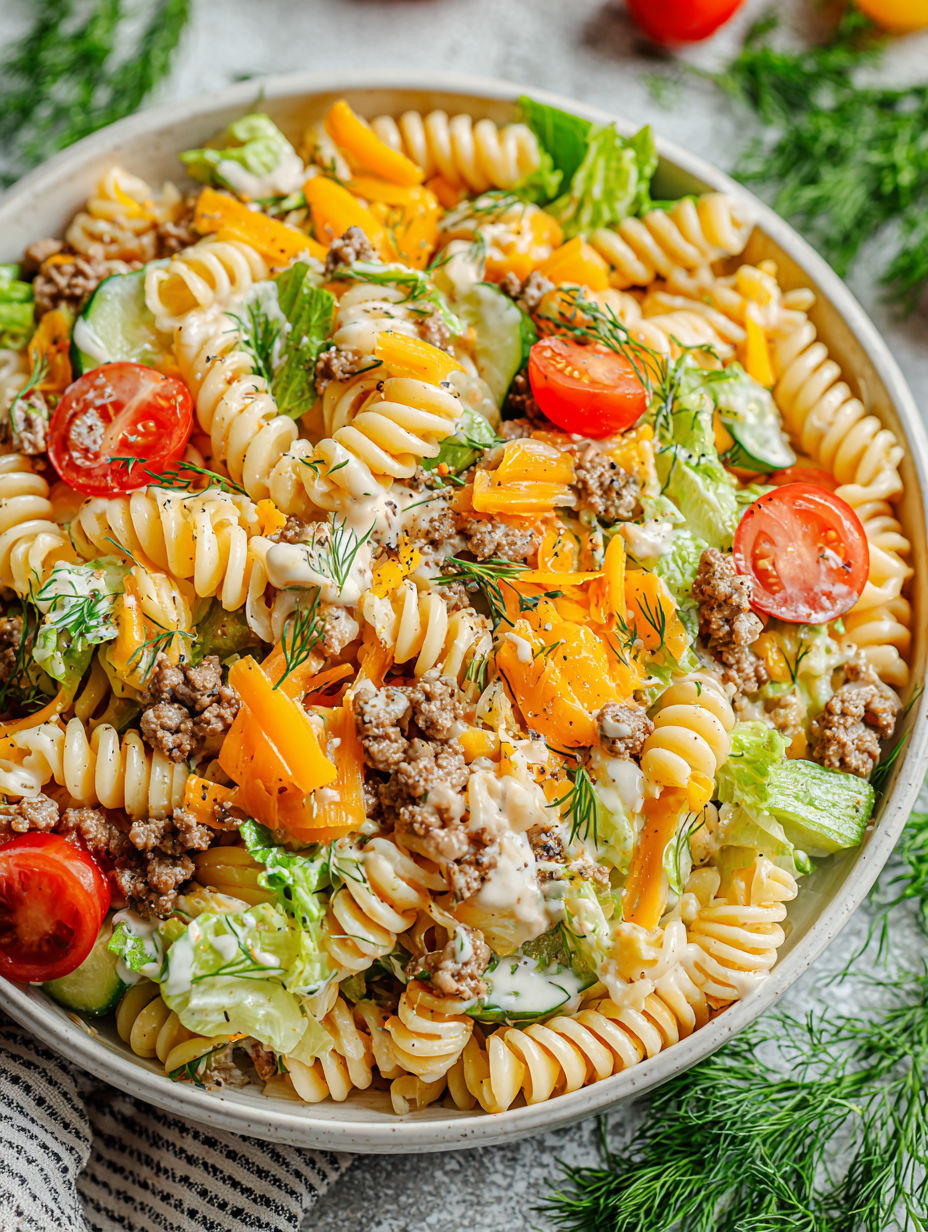 A bowl of pasta with vegetables and meat.