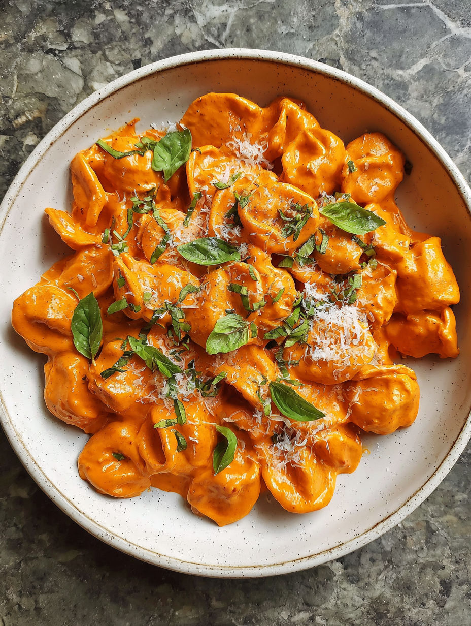 A bowl of pasta with sauce and cheese.