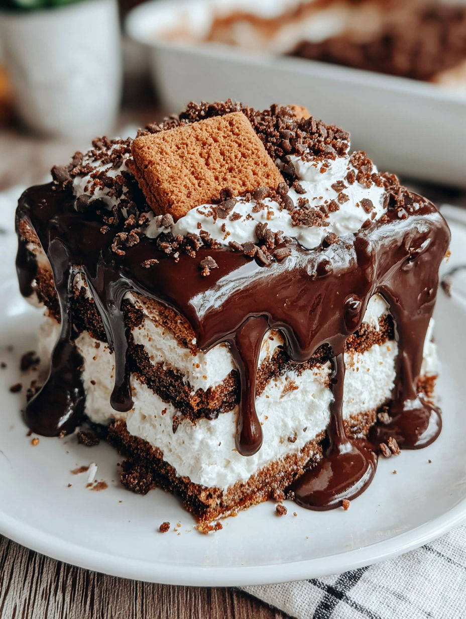 A chocolate cake with white icing and chocolate drizzle.