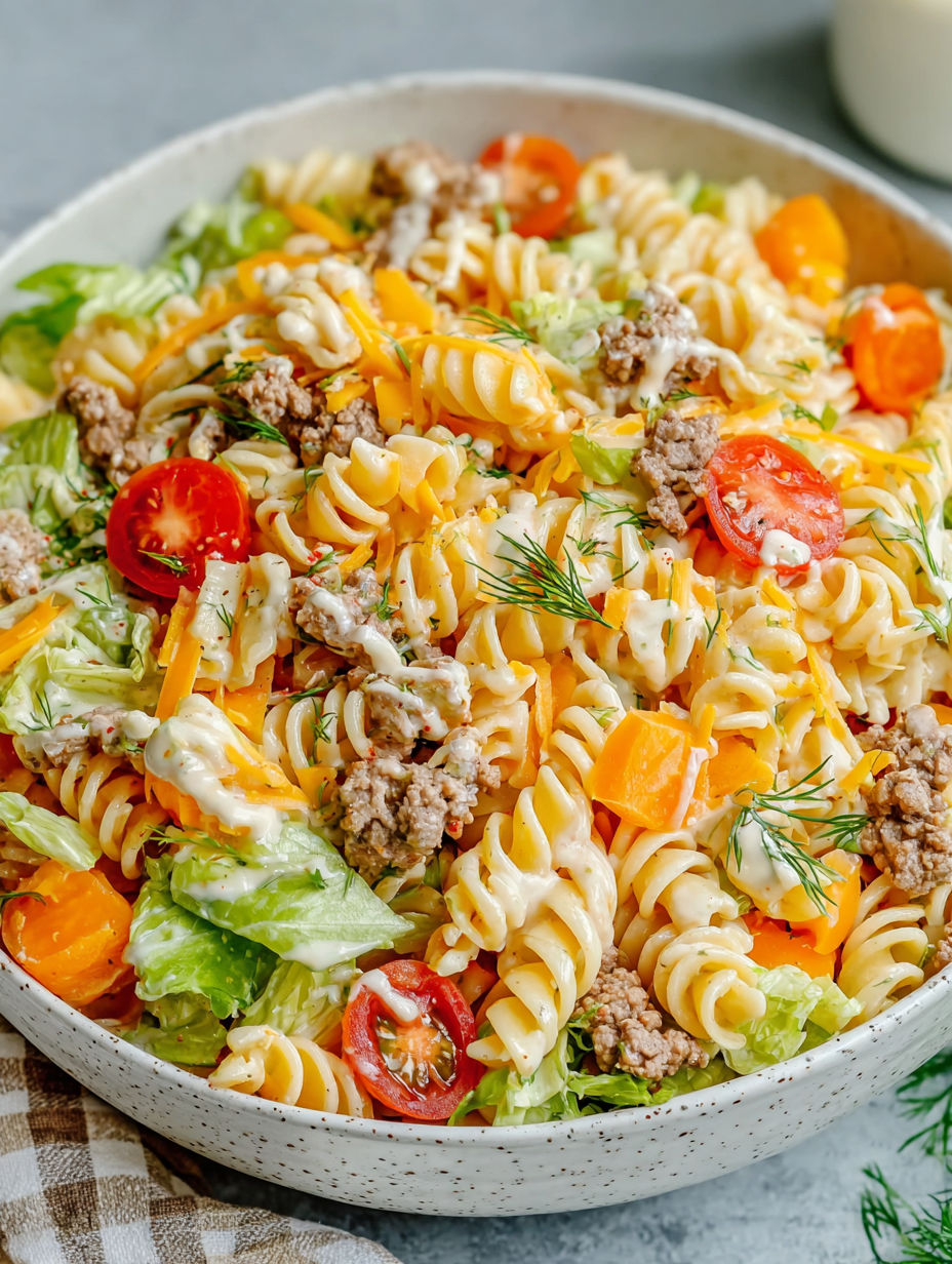 A bowl of pasta salad with tomatoes, lettuce, and meat.