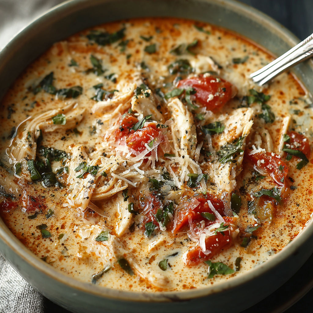 A bowl of chicken soup with tomatoes and cheese.