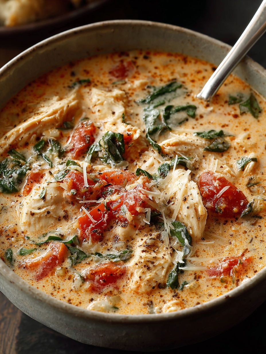 A bowl of soup with chicken, tomatoes, and spinach.
