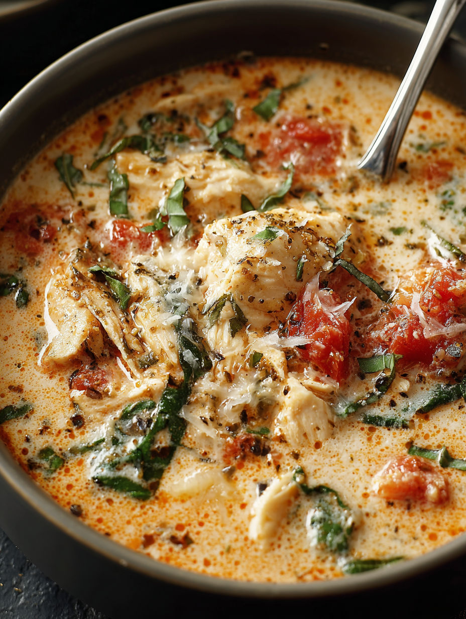 A bowl of soup with chicken, tomatoes, and greens.