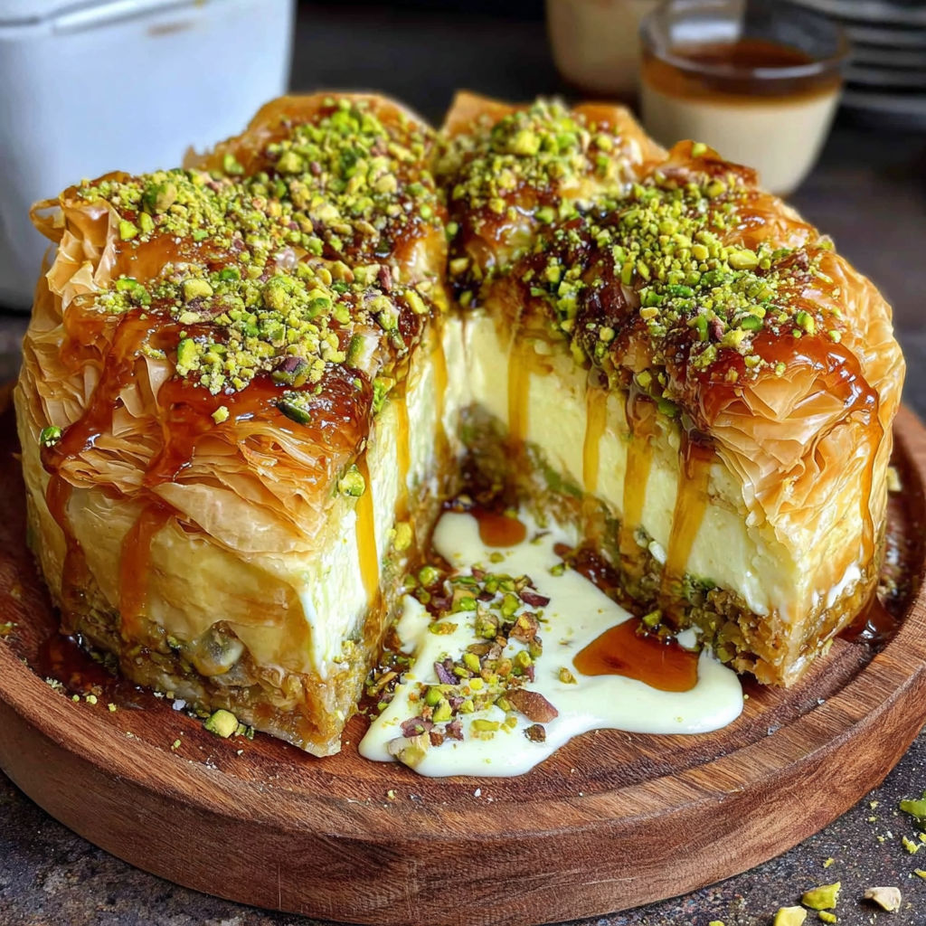A slice of Honey Pistachio Baklava Cheesecake.