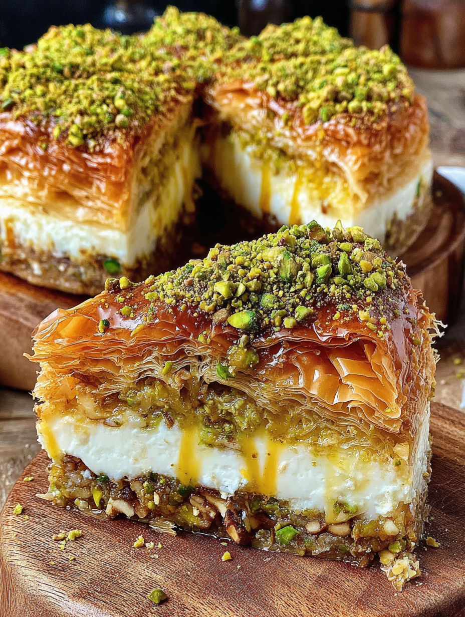 A slice of pastry with a white filling and green toppings.