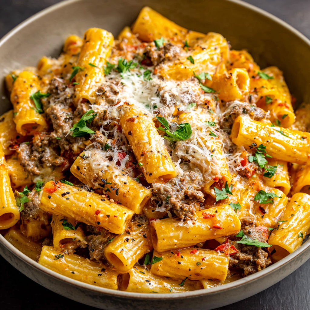 A bowl of pasta with meat and cheese.