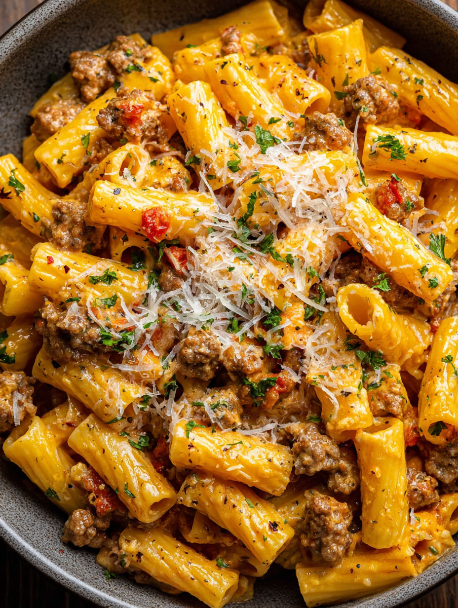 A bowl of pasta with meat and cheese.