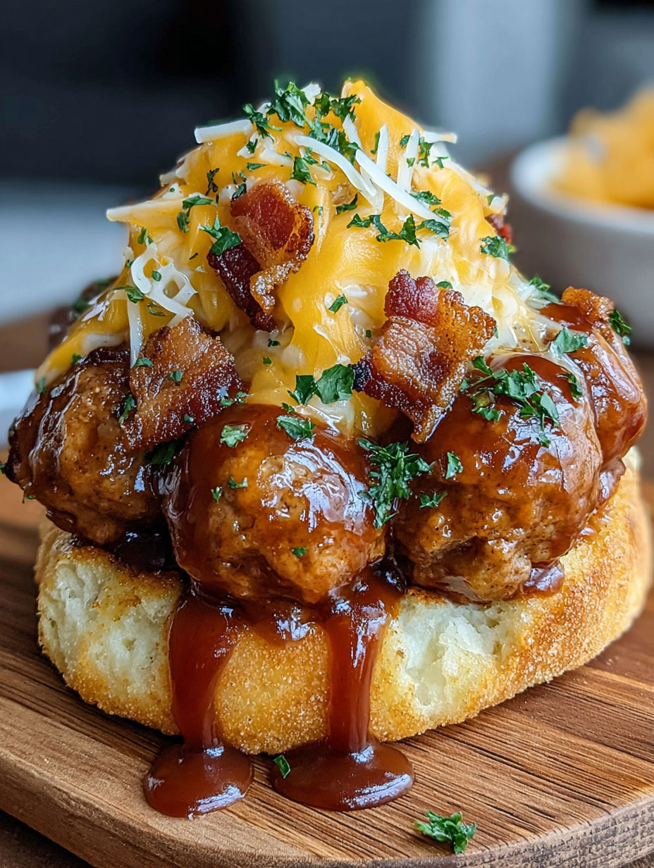 A close up of a sizzling bourbon BBQ bacon cheeseburger meatball.