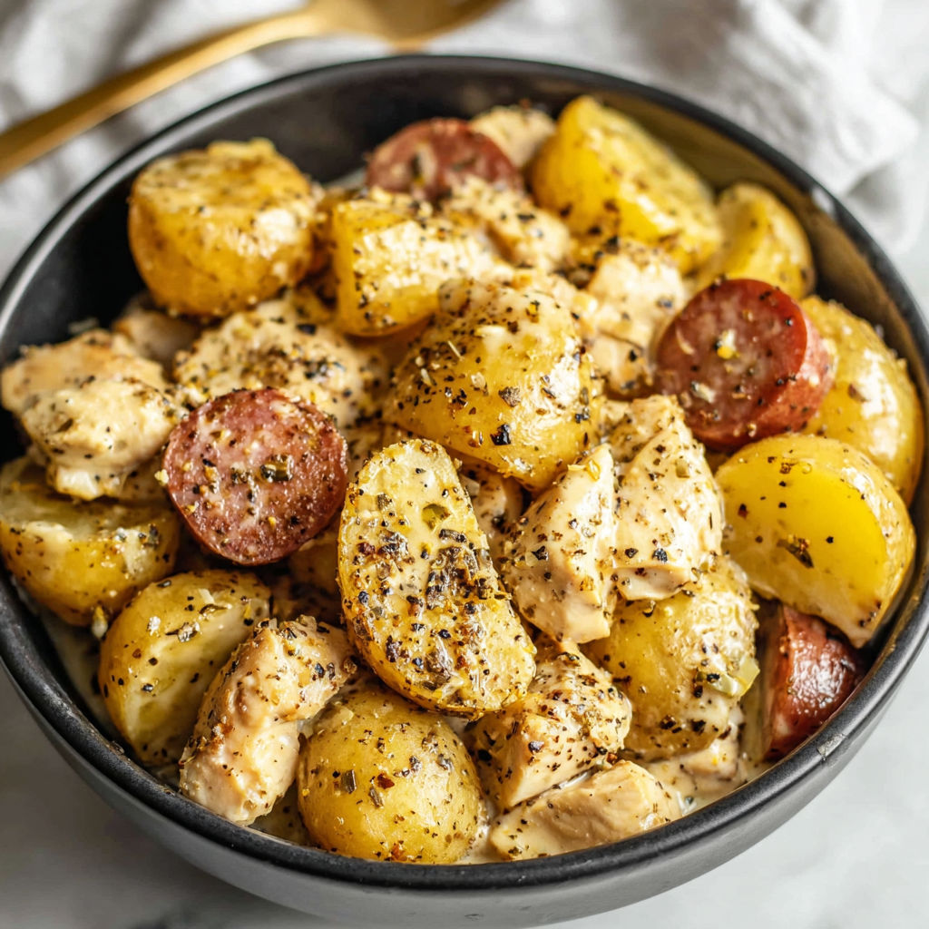 A bowl of chicken and potatoes.