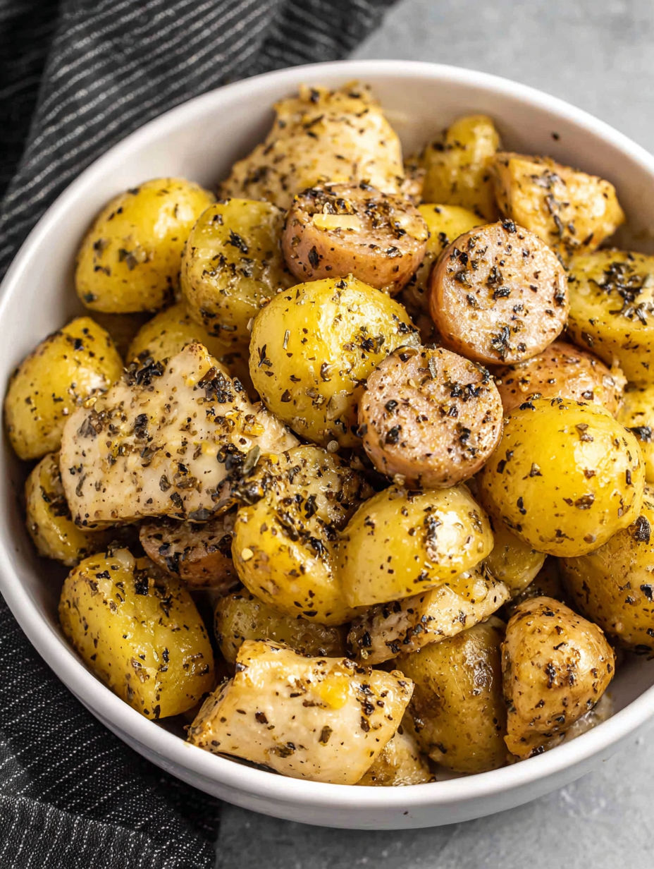 A bowl of potatoes and sausage.