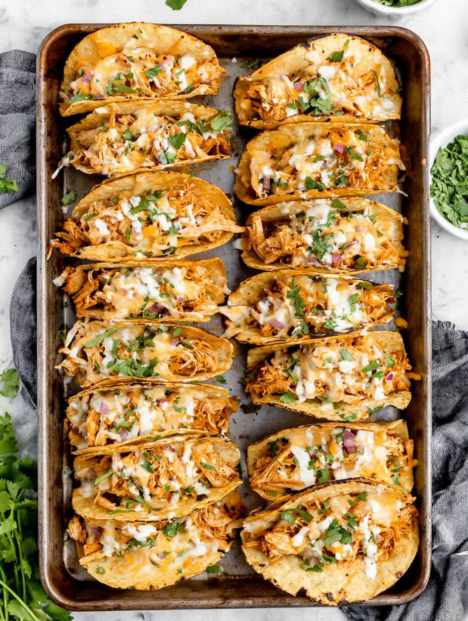 A tray of chicken tacos with cheese and lettuce.