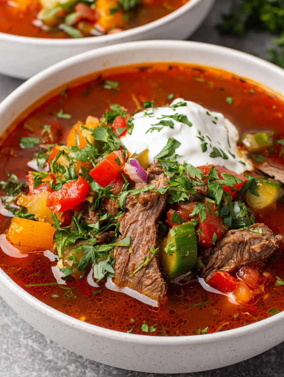 A bowl of soup with meat and vegetables.