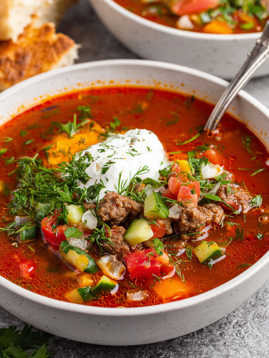 A bowl of soup with meat, tomatoes, and cucumbers.