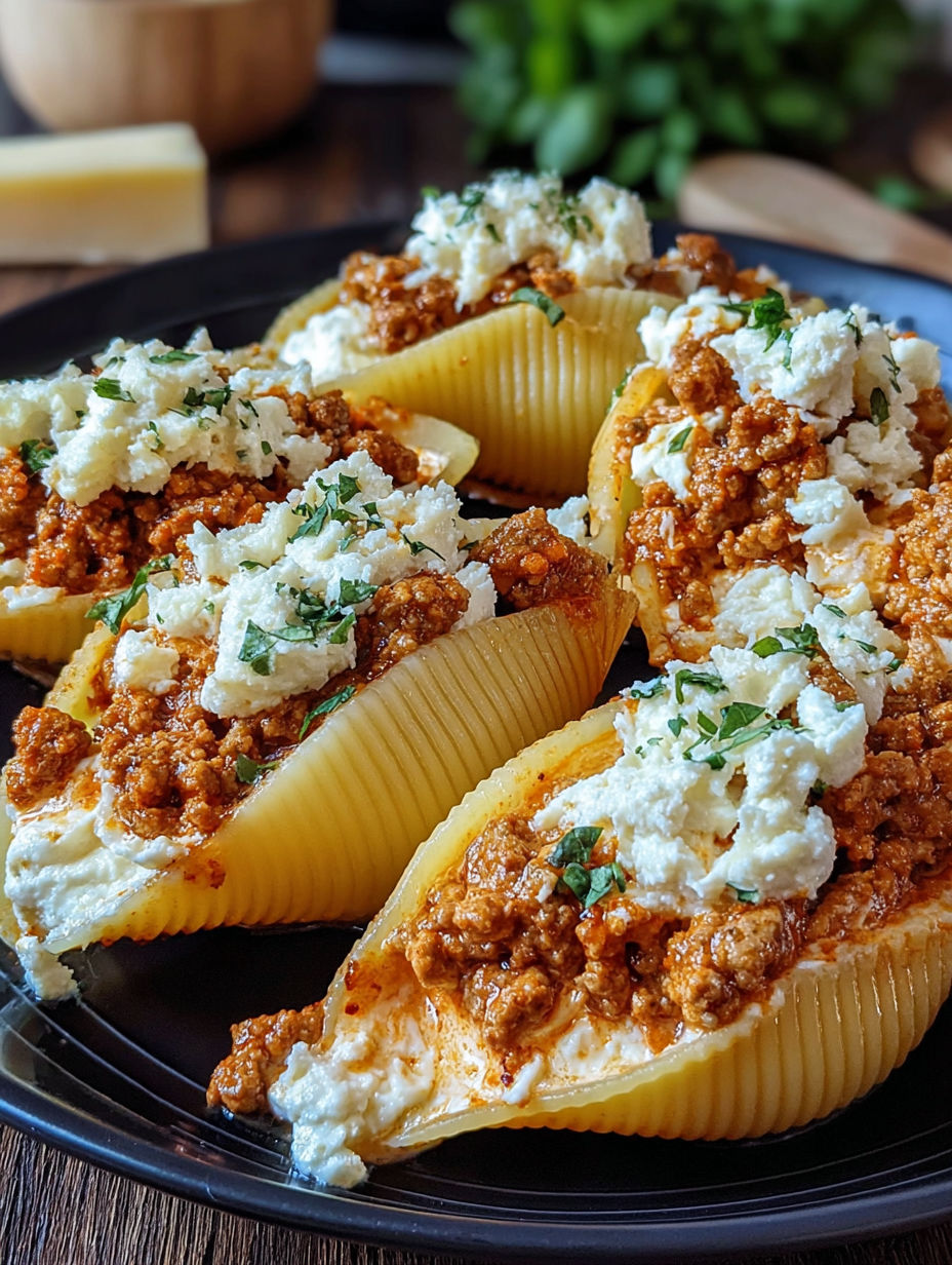 A plate of pasta with meat and cheese on it.