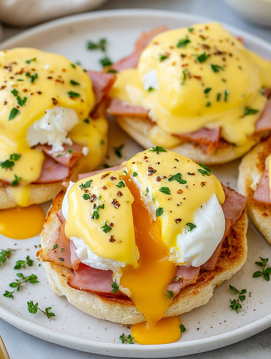 A plate of eggs benedict with ham and cheese.