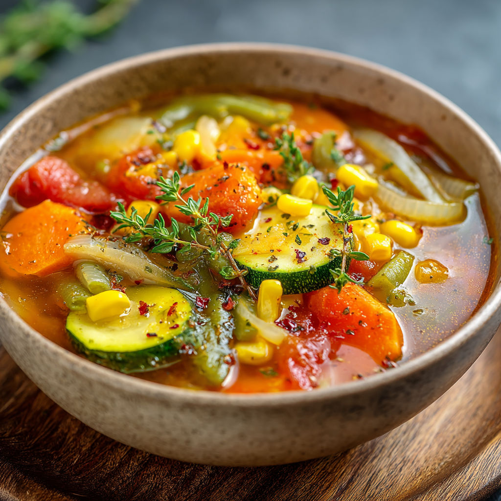 A bowl of vegetable soup with a variety of vegetables including corn, carrots, and zucchini.