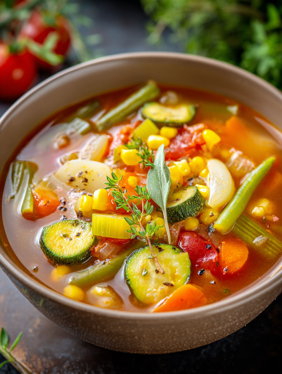A bowl of vegetable soup with a variety of vegetables.