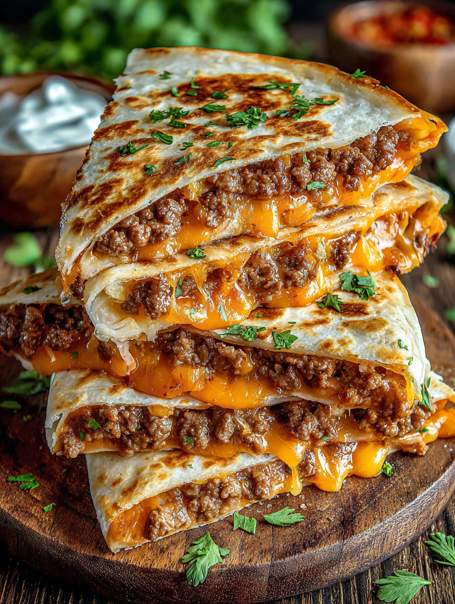 A stack of beef quesadillas on a wooden cutting board.