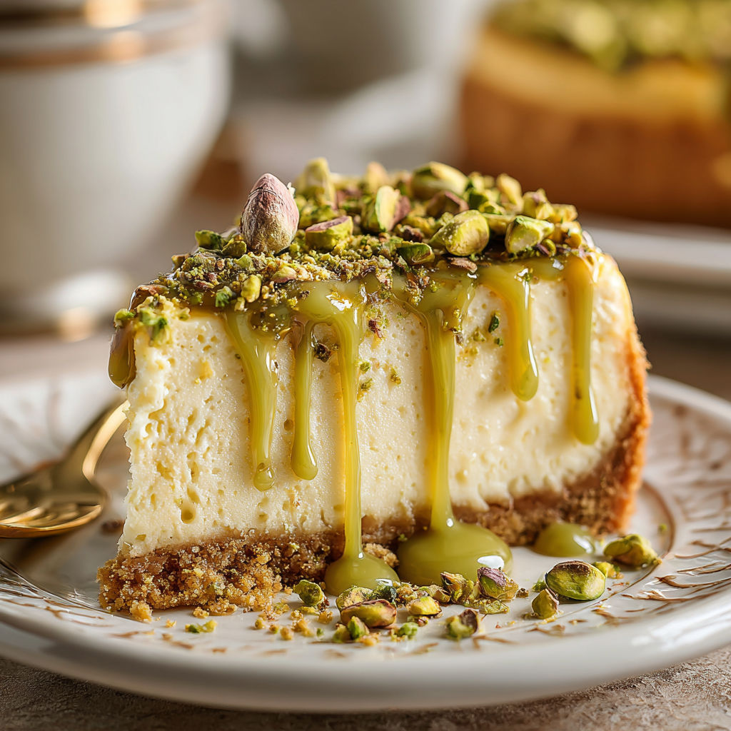 A slice of pistachio cheesecake with drizzled caramel.